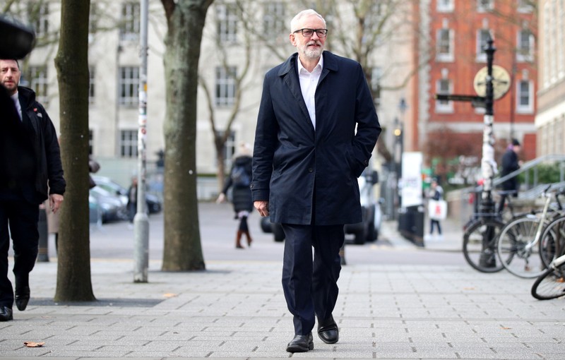 Britain's opposition Labour Party leader Jeremy Corbyn speaks outside University of London, in