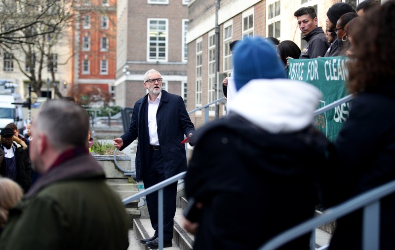 Britain's opposition Labour Party leader Jeremy Corbyn speaks outside University of London, in