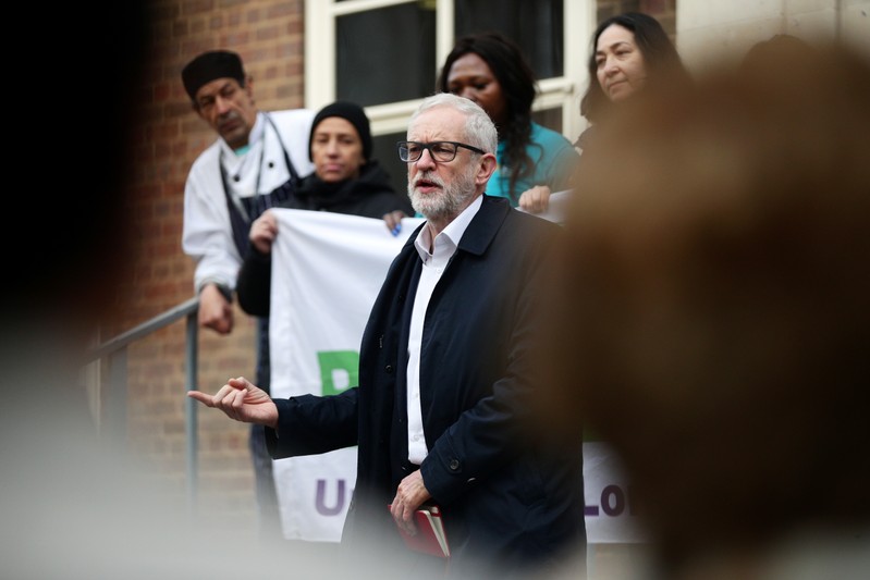 Britain's opposition Labour Party leader Jeremy Corbyn speaks outside University of London, in