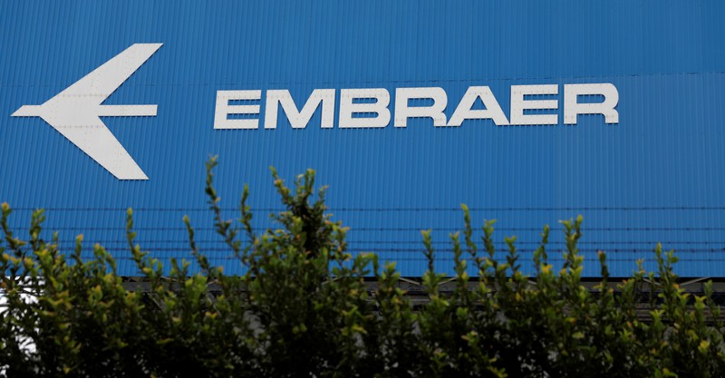 The logo of Brazilian aviation company Embraer is seen on a factory in Sao Jose dos Campos