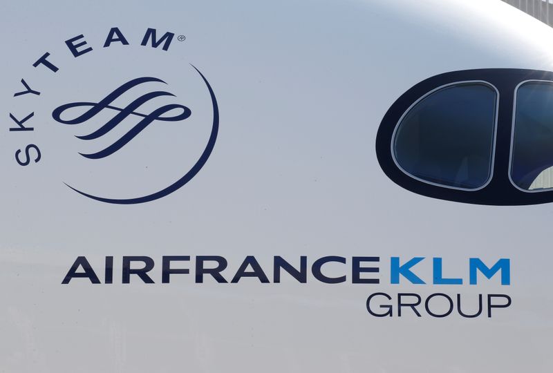 Logo of Air France KLM Group is pictured on the first Air France airliner's Airbus A350 during