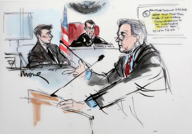 Plaintiff attorney L. Lin Wood is shown with Elon Musk and Judge Stephen Brown looking on, in a