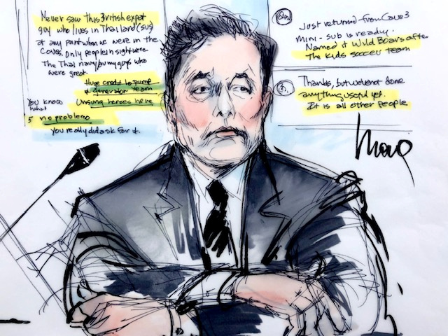 Courtroom sketch shows Elon Musk during the trial in a defamation case filed by British cave