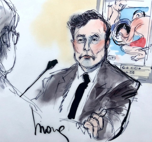 Courtroom sketch shows Elon Musk during the trial in a defamation case filed by British cave