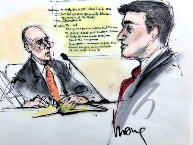 Courtroom sketch shows diver Rick Stanton during the trial in a defamation case filed by