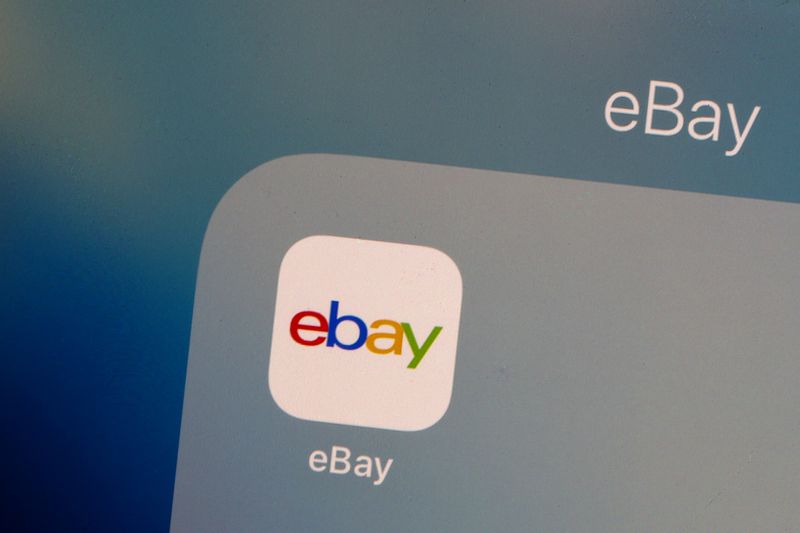 FILE PHOTO:  The eBay logo is pictured on a phone screen in this photo illustration in New York