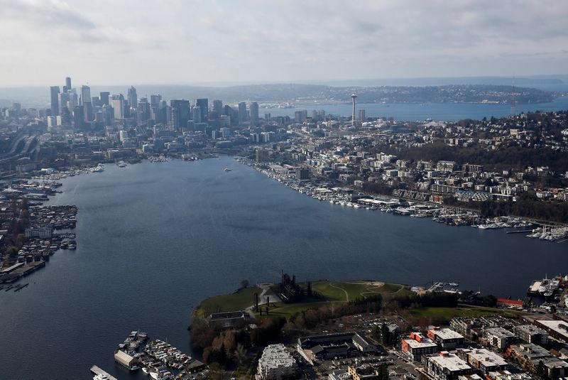 FILE PHOTO: An aerial photo looking south shows Gas Works Park and Lake Union with downtown