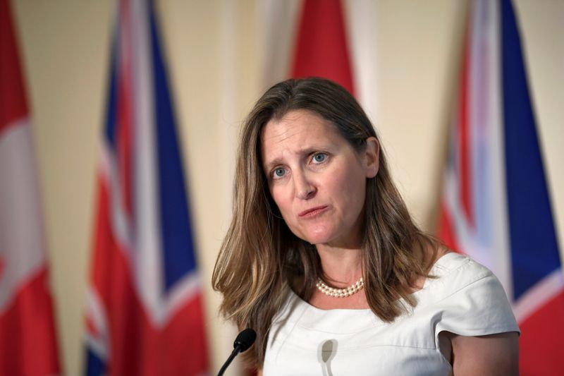 Britain's Foreign Secretary Dominic Raab meets with Canada's Foreign Minister Chrystia Freeland