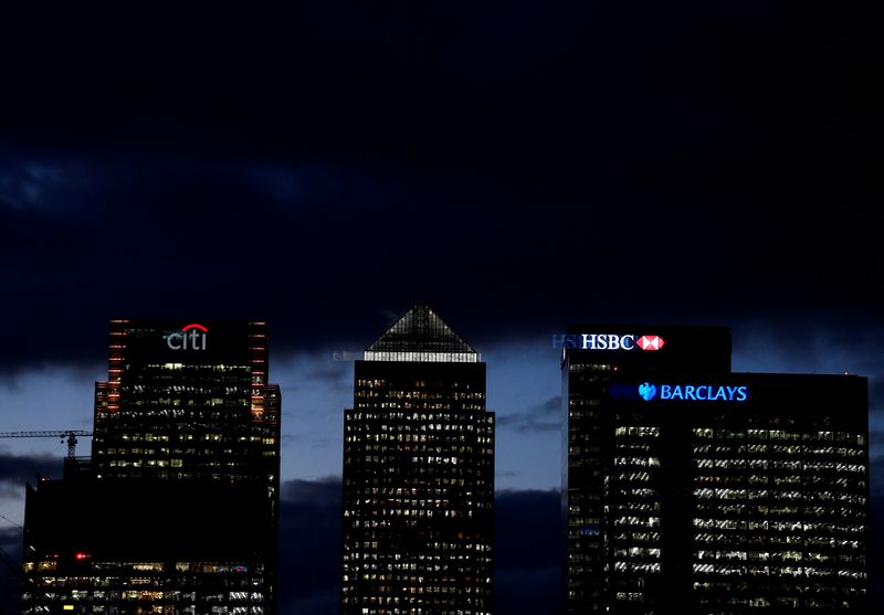 FILE PHOTO: Citibank, HSBC and Barclay's buildings are lit up at dusk in the Canary Wharf