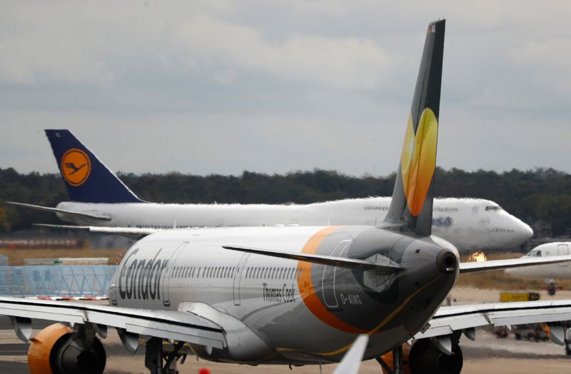 An airplane with the logo of air carrier Condor by Thomas Cook is seen at the airport  in