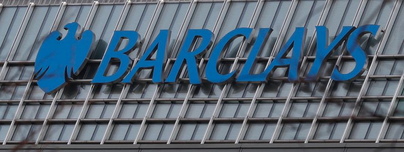 The Barclays logo is seen at their offices at Canary Wharf financial district in London