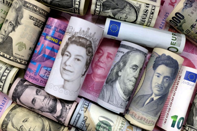 FILE PHOTO: Euro, Hong Kong dollar, U.S. dollar, Japanese yen, pound and Chinese 100 yuan