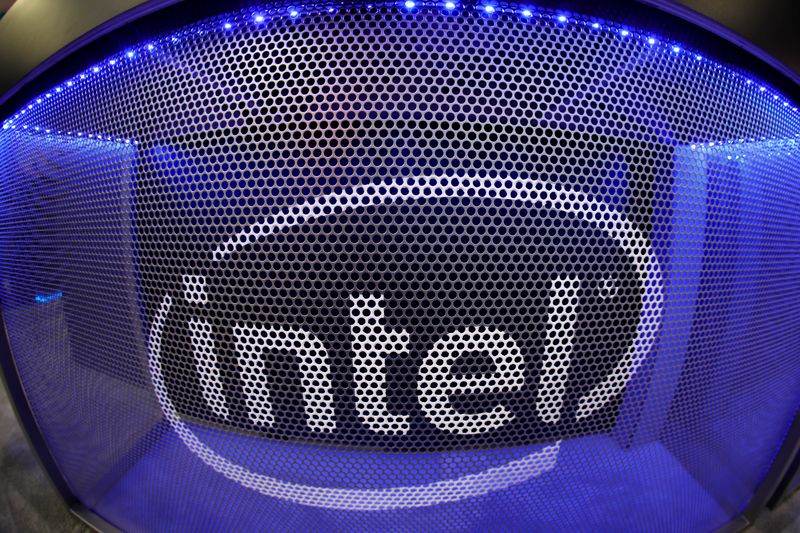 Computer chip maker Intel's logo is shown on a gaming computer display during the opening day