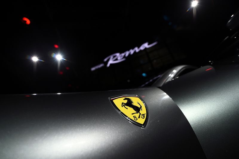 FILE PHOTO: The Ferrari logo is pictured as Ferrari Roma is unveiled during its first world