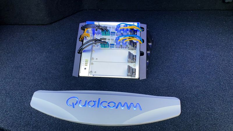 FILE PHOTO: The new Snapdragon Ride autonomous driving computing system is seen in the trunk of