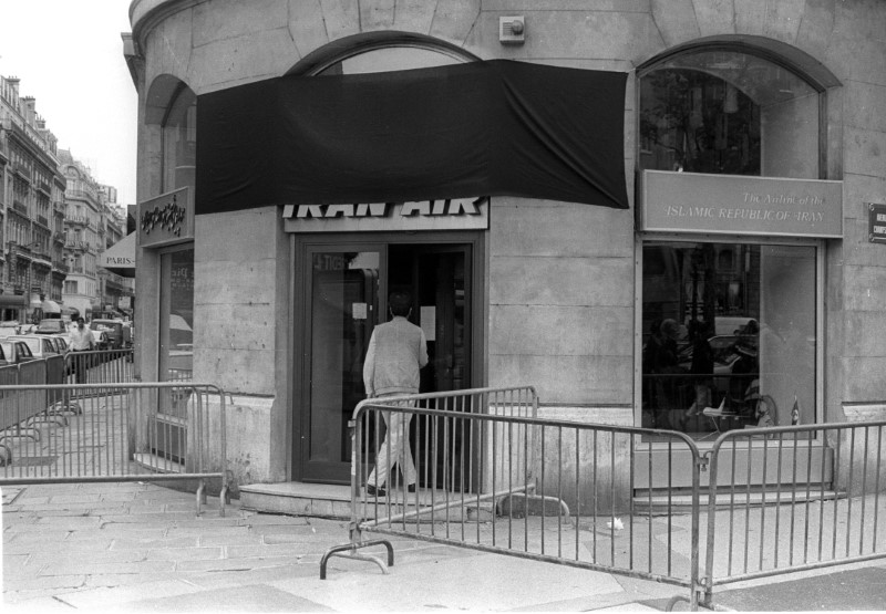 FILE PHOTO: The Paris office of Iran Air is draped with a black shroud following the downing of