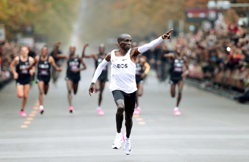 FILE PHOTO: Eliud Kipchoge, the marathon world record holder from Kenya, attempts to run a