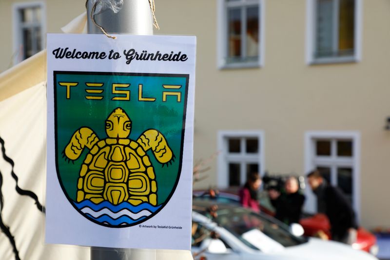 A pro-Tesla poster is seen during an action to support plans by U.S. electric vehicle pioneer