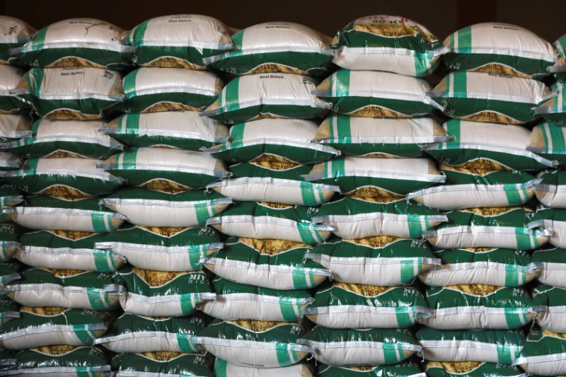 Bags of processed rice are seen arranged inside Miva Rice Mill's warehouse in Benue