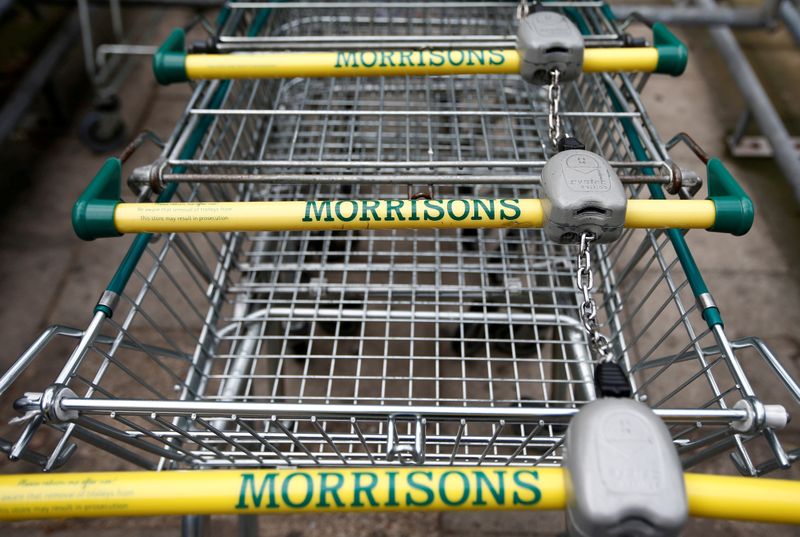 FILE PHOTO: Shopping trolleys at a Morrisons supermarket in south London