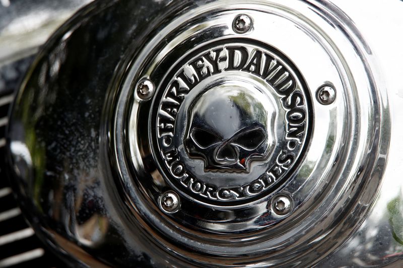 A Harley Davidson logo with a skull is seen on a motorcycle during a funeral service for a