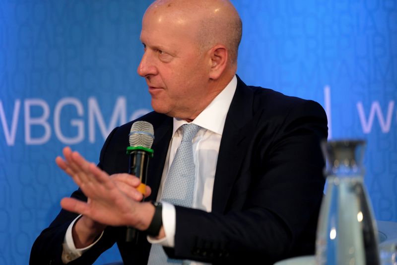 FILE PHOTO: Goldman Sachs CEO David Solomon speaks on a panel at the annual meetings of the