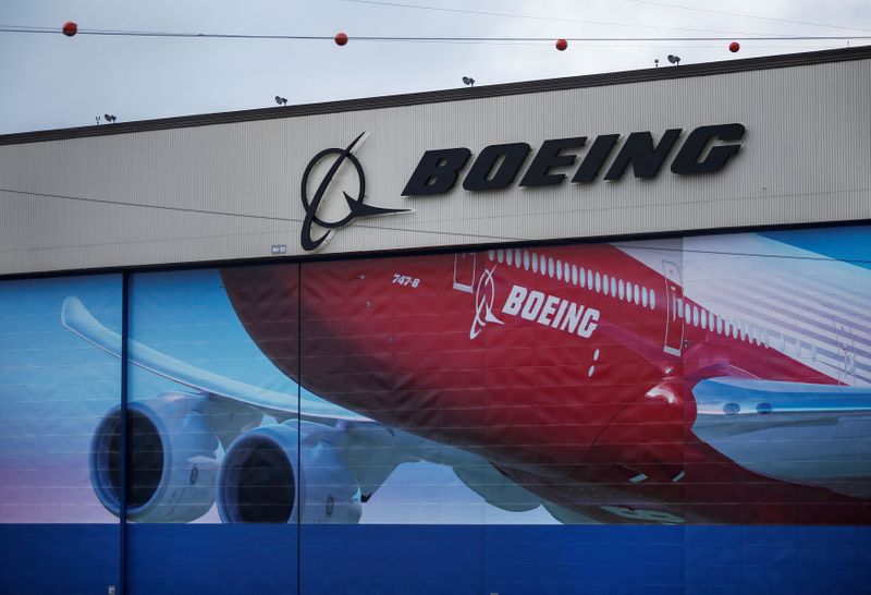 A Boeing logo is seen at the company's facility in Everett