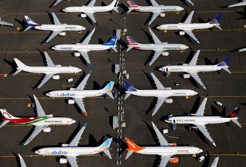 FILE PHOTO: An aerial photo shows several Boeing 737 MAX airplanes grounded at Boeing Field in