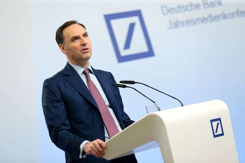Christian Sewing, CEO of Deutsche Bank AG, addresses the media during the bank's annual news