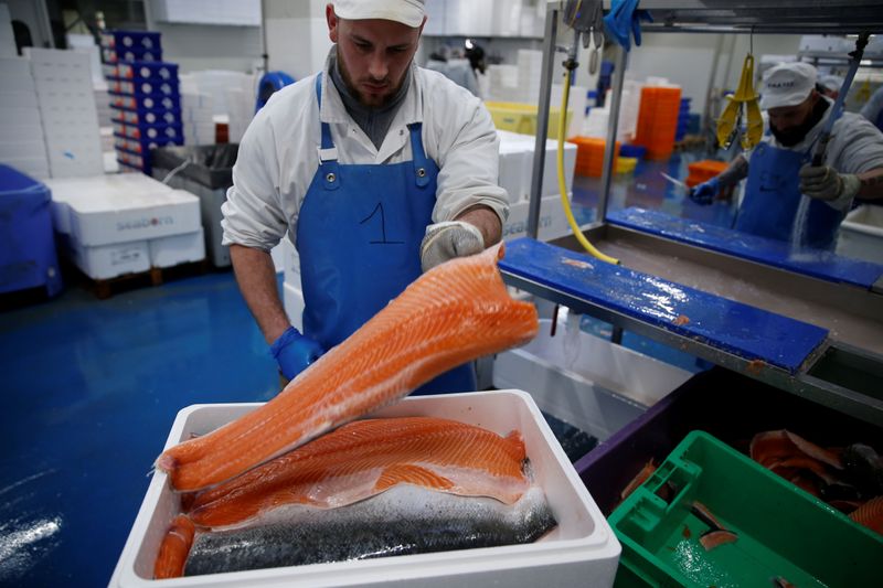 A worker fillets salmon in a fish processing plant in the port of  Boulogne-sur-Mer