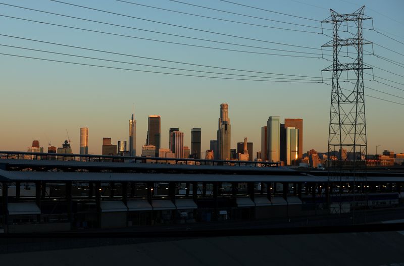 FILE PHOTO: Los Angeles skyline under power lines