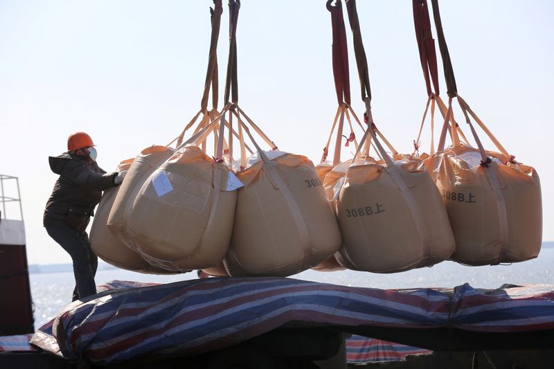 FILE PHOTO: Worker wearing a face mask transports fertilisers for export at a port in Nantong
