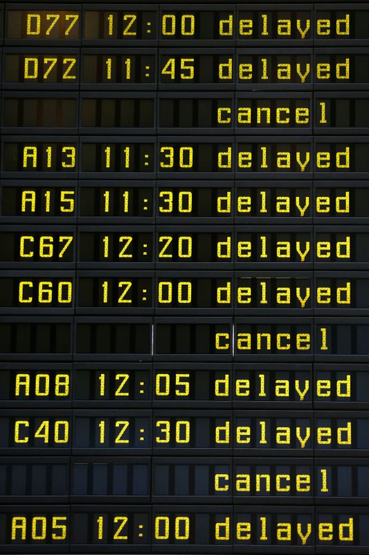 FILE PHOTO: A flight information board displays cancelled flights during a strike at Zaventem