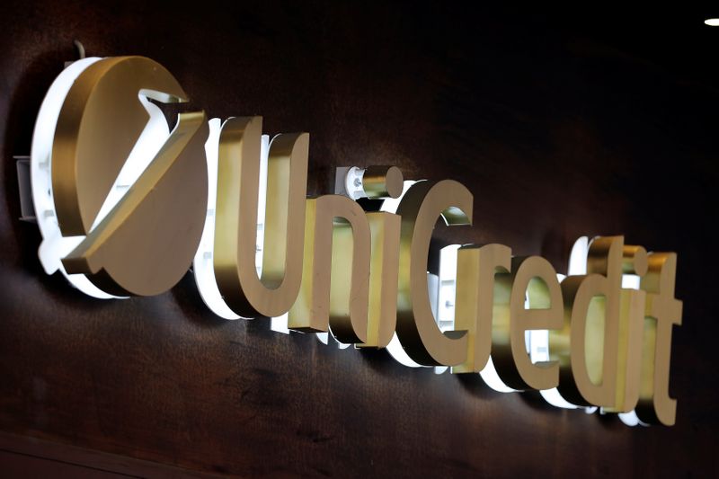 Unicredit bank logo is seen in the old city centre of Siena