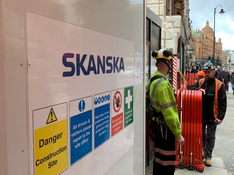 FILE PHOTO: Swedish builder Skanska sign is seen at the building site on Brompton Road in