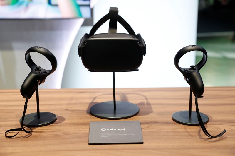 The Oculus Quest wireless virtual reality headset is seen on a display during Facebook Inc's F8