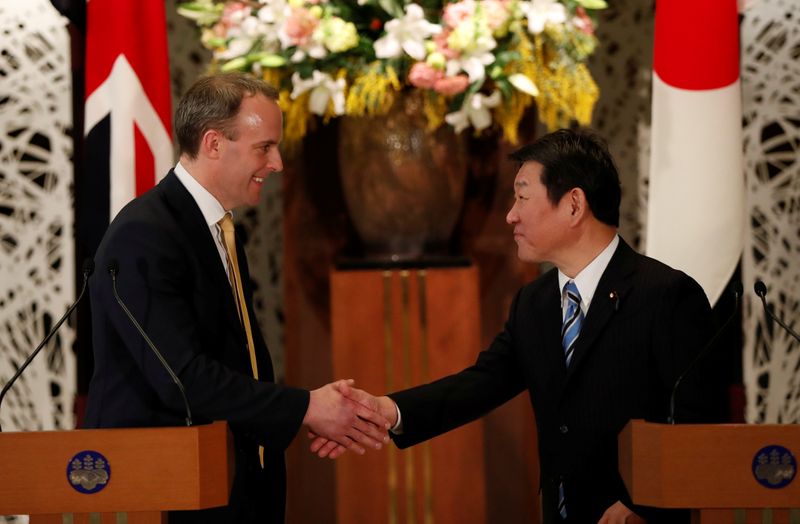 British Foreign Secretary Dominic Raab and Japanese Foreign Minister Toshimitsu Motegi attend