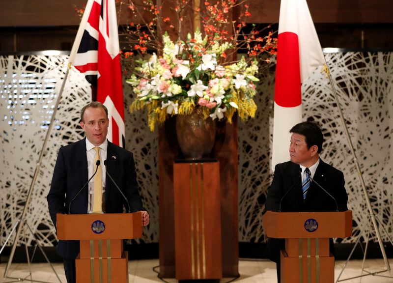 British Foreign Secretary Dominic Raab and Japanese Foreign Minister Toshimitsu Motegi attend