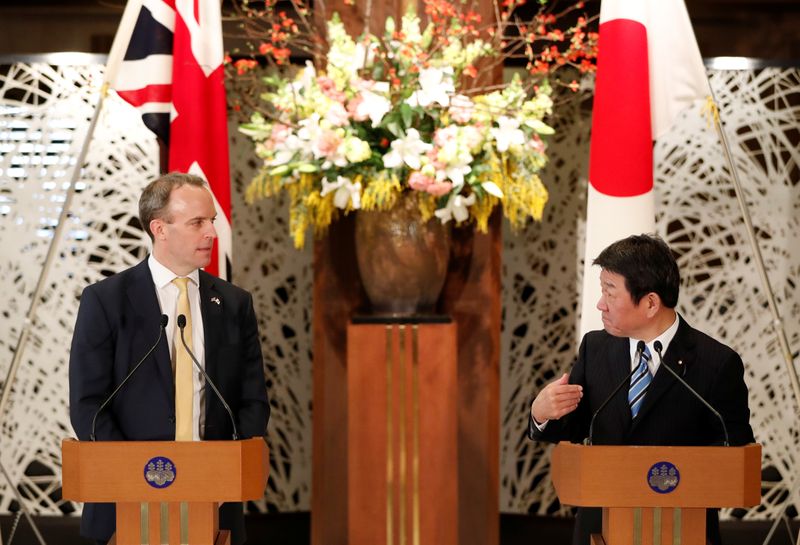British Foreign Secretary Dominic Raab and Japanese Foreign Minister Toshimitsu Motegi attend