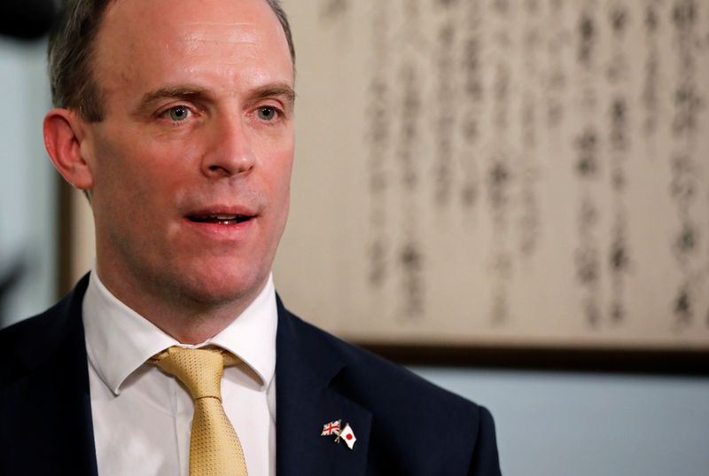 British Foreign Secretary Dominic Raab talks during an interview with Reuters at British
