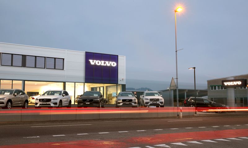 FILE PHOTO: A long exposure picture shows cars of Swedish automobile manufacturer Volvo