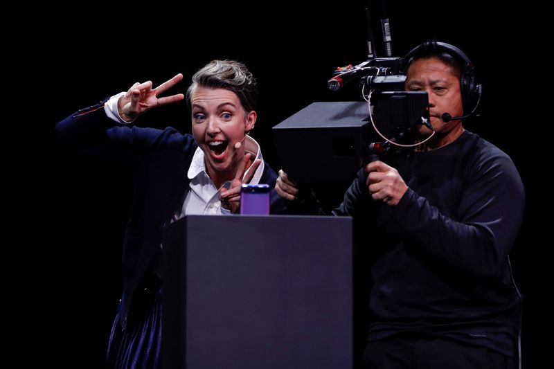 A Samsung Z Flip, foldable smartphone is seen on stage during the Samsung Galaxy Unpacked 2020