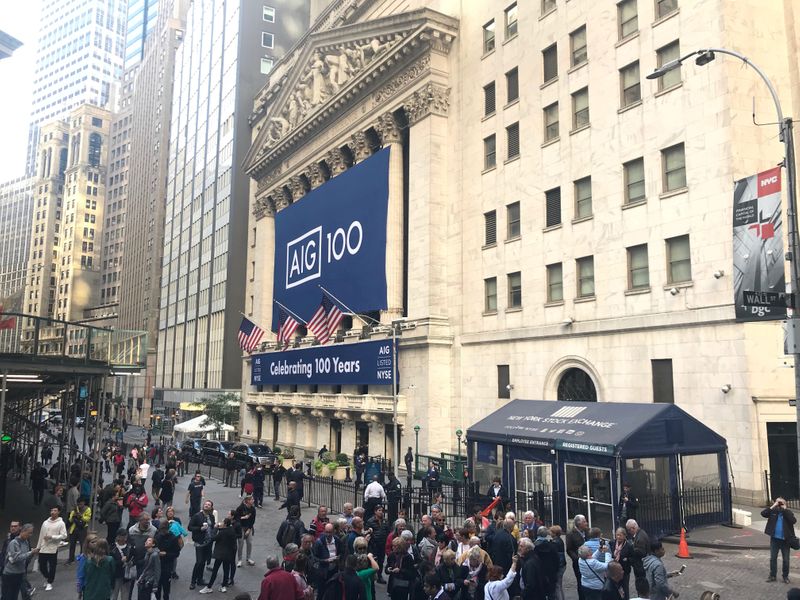 FILE PHOTO: Banners commemorating the 100th anniversary of American International Group Inc.