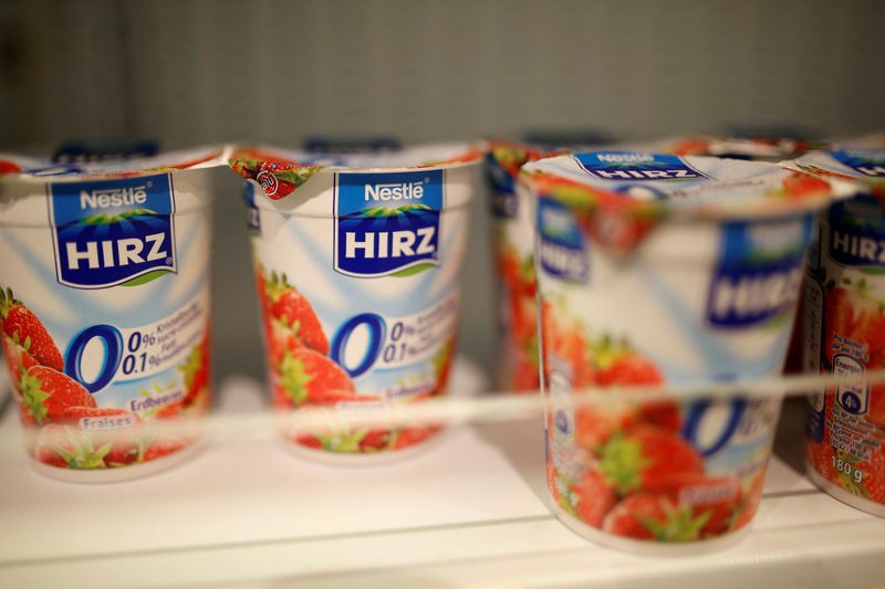 Hirz yogurts by Nestle are pictured in the supermarket of Nestle headquarters in Vevey