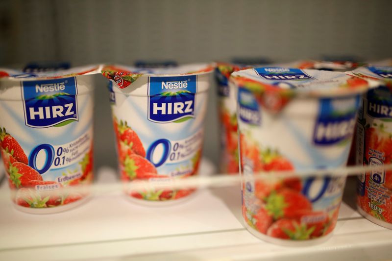 Hirz yogurts by Nestle are pictured in the supermarket of Nestle headquarters in Vevey