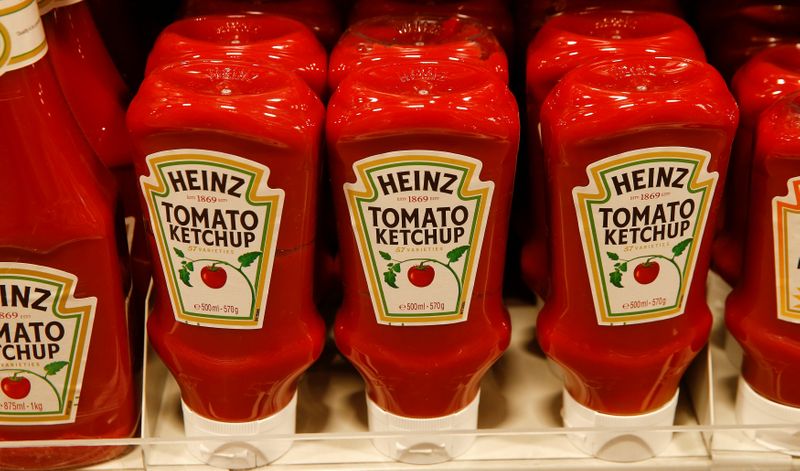 Bottles of Heinz tomato ketchup of U.S. food company Kraft Heinz are offered at a supermarket