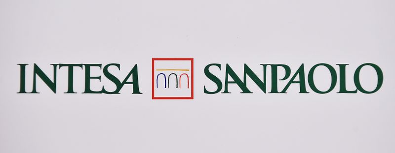 Intesa Sanpaolo bank logo is seen at the headquarters during shareholders meeting in Turin