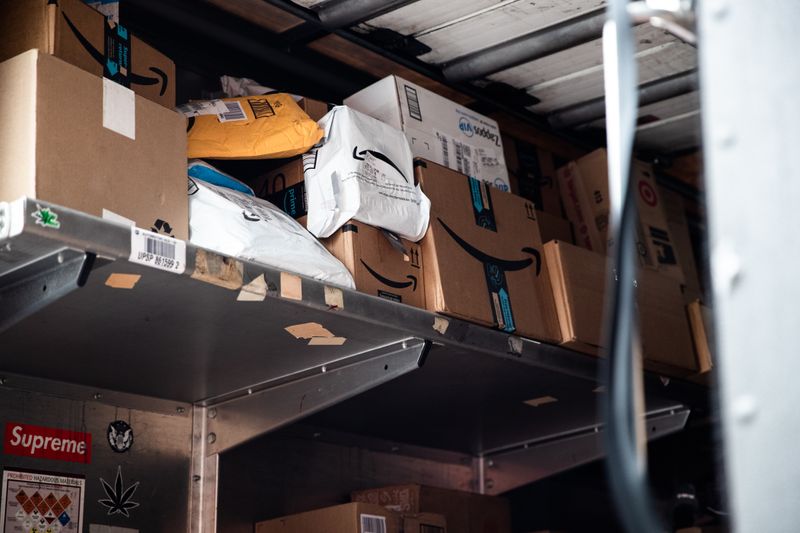 An Amazon package is seen on a delivery truck in New York City