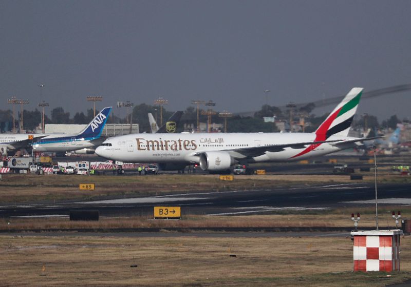 FILE PHOTO: Emirates Airline Boeing 777-200LR lands at Mexico City International Airport during