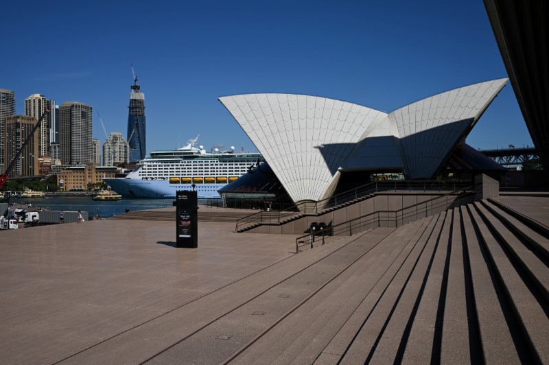 The mostly deserted steps of the Sydney Opera House are seen on a quiet morning in Sydney